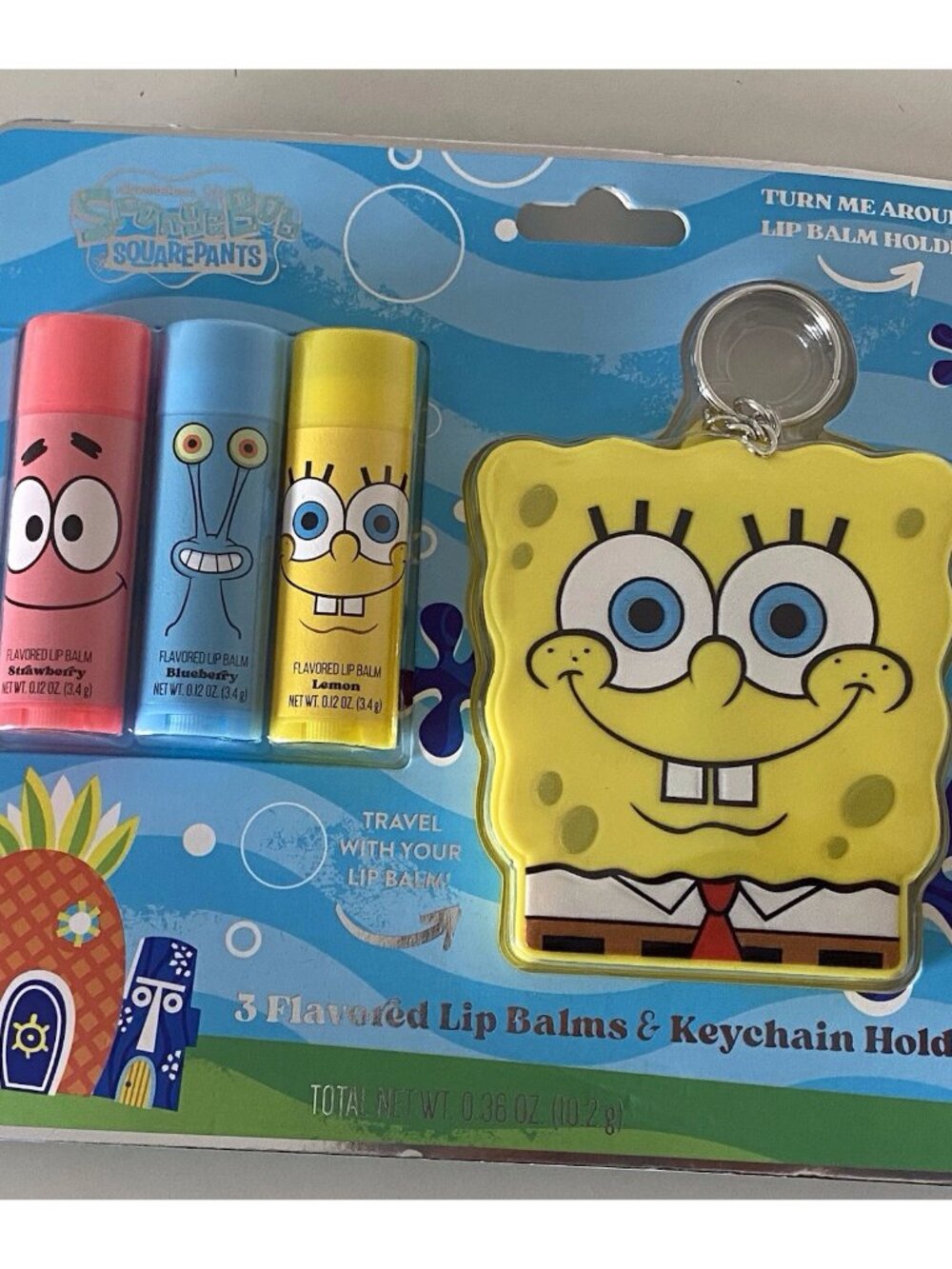 Set Of SpongeBob SquarePants 3 Flavored Lip Balms & Keychain Lip Balm Holder NEW
